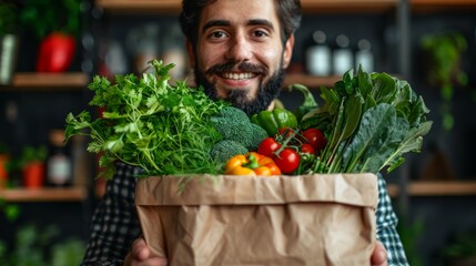 Delivery man holding a grocery bag ready to deliver to the customer at home