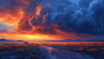 A powerful digital artwork capturing a dramatic sunset over a stormy landscape. Dark clouds loom overhead as rain pours down, contrasting with the vibrant colors of the setting sun. Ideal for themes