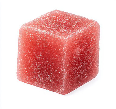 A single red gelatin cube on a white background.