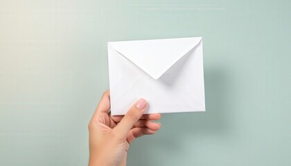 Hand holding a simple white envelope isolated on a pastel-colored background