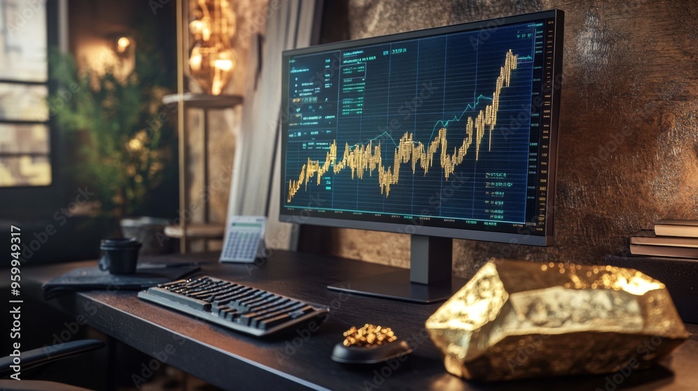 Poster A stylish office setup with a computer monitor showing a gold price chart, alongside a gold ingot and financial news articles for a comprehensive view