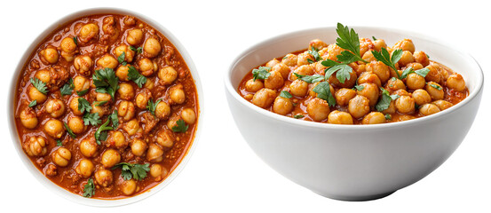 Top view and side view of chana masala, a spicy chickpea curry garnished with fresh cilantro, served in white bowls on a transparent background, ideal for food design projects