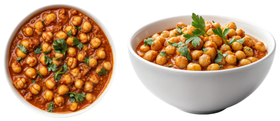 Top view and side view of chana masala, a spicy chickpea curry garnished with fresh cilantro, served in white bowls on a transparent background, ideal for food design projects