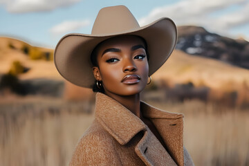 beautiful black woman wearing a camel brown wool coat, cowboy hat, scenic mountains in the background