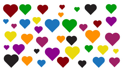 Design a playful and colorful heart mosaic with hearts in shades of red, blue, yellow, green, purple, and black on a white backdrop. Include varying sizes and orientations to mimic the randomness .