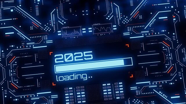 New 2025 year progress bar on digital lcd display with reflection. Concept of new year, annual plan, growth strategy, business planning, investment trends and strategy road map.