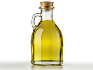 Glass bottle filled with olive oil on white background