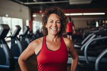 Fototapeta premium Smiling portrait of a middle aged slightly overweight woman in gym
