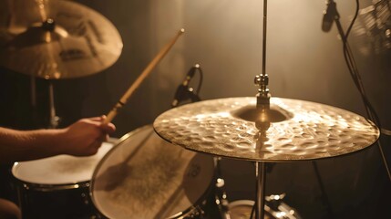 Fototapeta premium Close-up of a drum set on a stage.