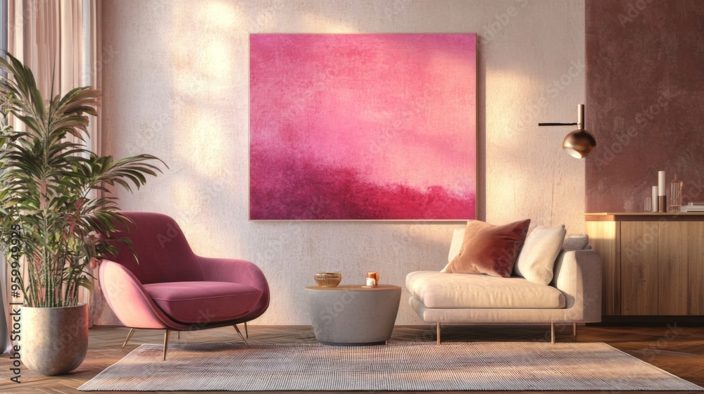 Poster a stylish pink abstract artwork displayed in a contemporary living room, adding a pop of color and a