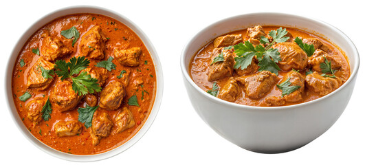 Top and side view of traditional Indian chicken tikka masala in a rich, creamy tomato sauce garnished with fresh cilantro, served in white bowls, isolated on transparent background