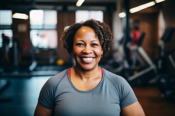 Fototapeta premium Smiling portrait of a middle aged slightly overweight woman in gym