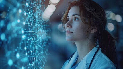 Double exposure of healthcare And Medicine concept. Doctor and modern virtual screen interface, blurred background. 