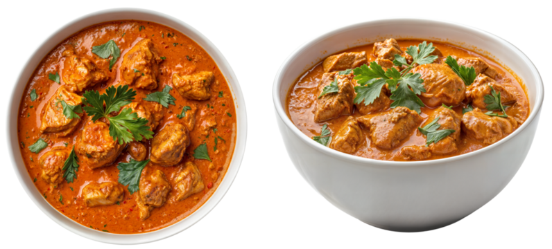 Top and side view of traditional Indian chicken tikka masala in a rich, creamy tomato sauce garnished with fresh cilantro, served in white bowls, isolated on transparent background