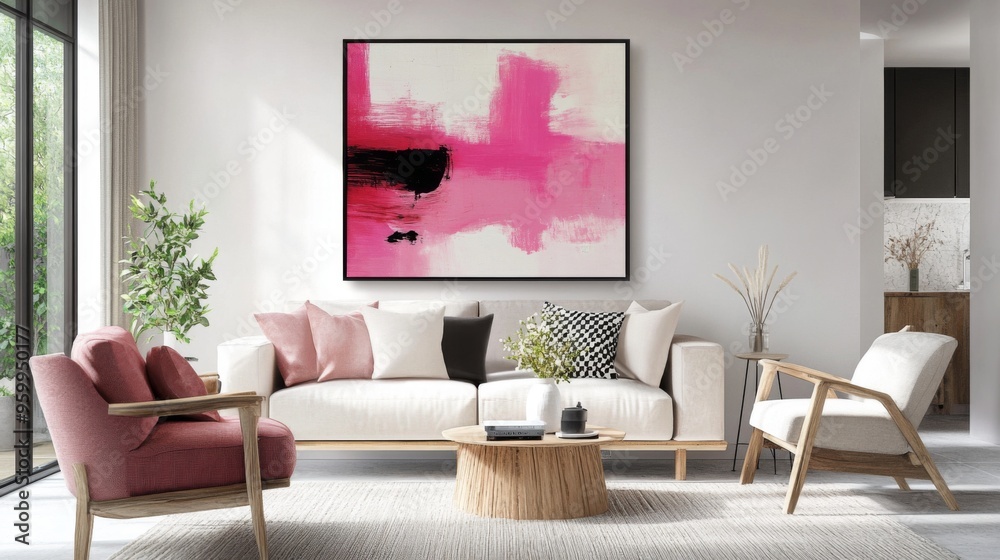 Poster a stylish pink abstract artwork displayed in a contemporary living room, adding a pop of color and a