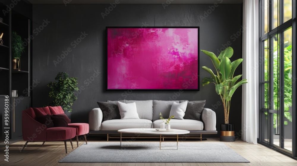 Aufkleber a stylish pink abstract artwork displayed in a contemporary living room, adding a pop of color and a