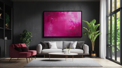 Fototapeta premium A stylish pink abstract artwork displayed in a contemporary living room, adding a pop of color and a touch of sophistication