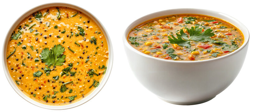 Top and side view of traditional Indian dal tadka with lentils, spices, and cilantro garnish served in white bowls, isolated on transparent background
