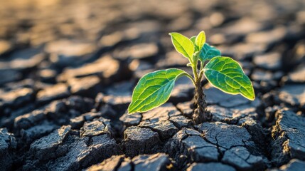 New plant sprouting in arid cracked earth
