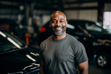 Obraz premium Portrait of a middle aged male car mechanic in workshop