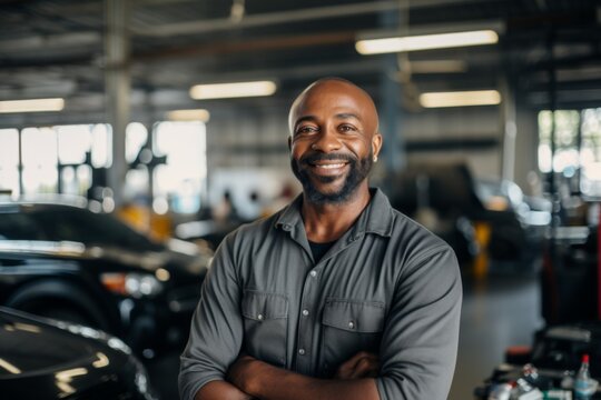 Portrait of a middle aged male car mechanic in workshop