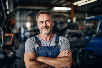 Obraz premium Portrait of a middle aged male car mechanic in workshop