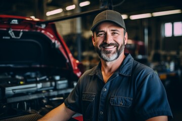 Obraz premium Portrait of a middle aged male car mechanic in workshop