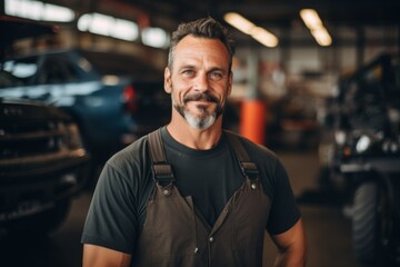 Fototapeta premium Portrait of a middle aged male car mechanic in workshop