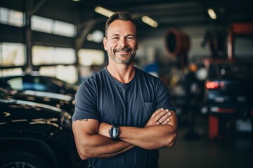 Obraz premium Portrait of a middle aged male car mechanic in workshop