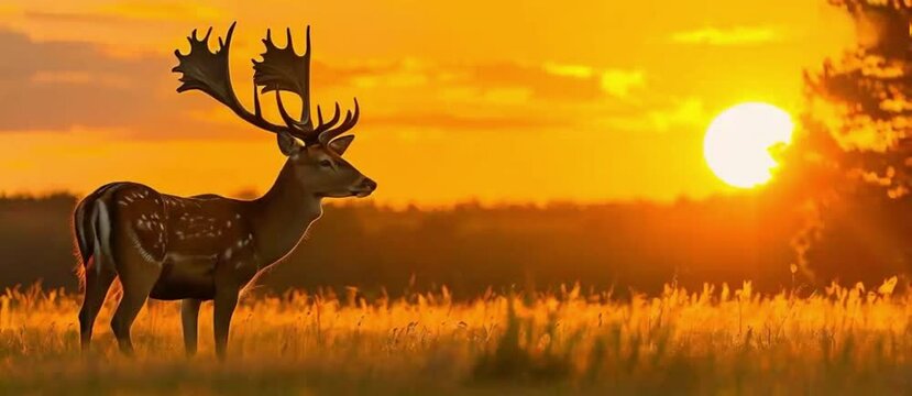 deer standing in a field, The sun is setting in the background