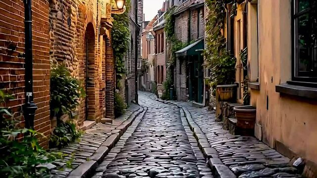 a narrow cobblestone street in a European town .