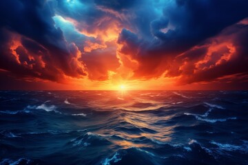 Obraz premium Dramatic sunset over ocean waves with vibrant clouds during twilight hours
