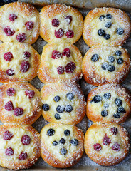 Polish sweet yeast Butter buns with vanilla pudding and berries and streusel sprinkled with powdered sugar.style hugge .top veiw