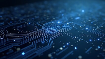 Abstract digital network circuit board background banner with glowing light and connecting data dots in blue and black colors. Big data technology concept.