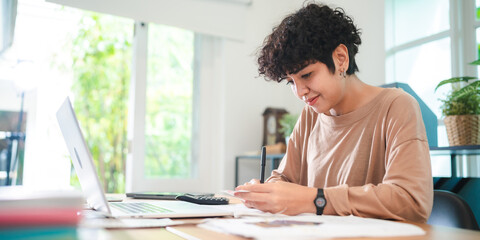 Modern Businesswoman Working from Home, Young Female Entrepreneur Using Laptop for Freelance Projects in Cyberspace, Embracing Technology Communication for a Flexible Lifestyle, Online Business