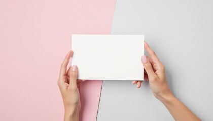 Obraz premium Hand holding a blank white card isolated on a pastel background