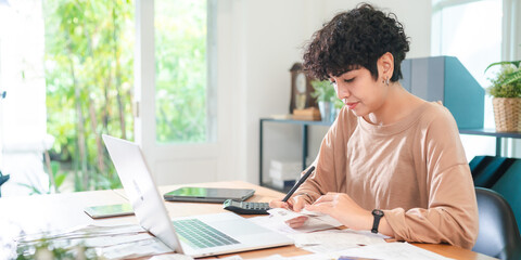 Modern Businesswoman Working from Home, Young Female Entrepreneur Using Laptop for Freelance Projects in Cyberspace, Embracing Technology Communication for a Flexible Lifestyle, Online Business