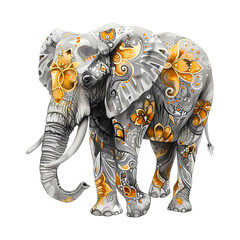Obraz premium Watercolor пкун grey elephant with golden pattern isolated on transparent background. Ganesh Chaturthi. Elephant festival in India. illustration in tribal or boho style for design
