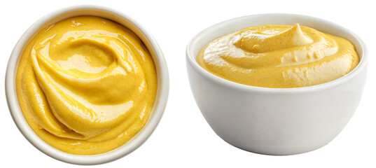Top and side view bundle of creamy yellow mustard sauce in white bowls, isolated on transparent background