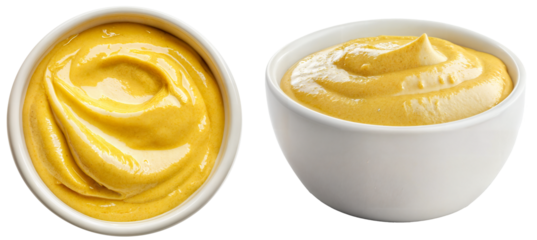Top and side view bundle of creamy yellow mustard sauce in white bowls, isolated on transparent background