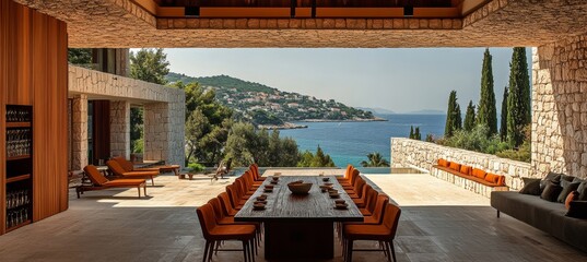 Luxury seaside villa dining room with panoramic ocean view, opening onto an expansive terrace.