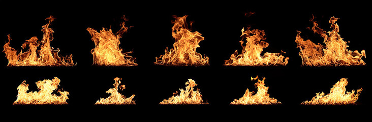 Fototapeta premium Four panels of different flame styles isolated on a black background, captured in high-resolution, demonstrating diverse fire patterns with dramatic visual impact.