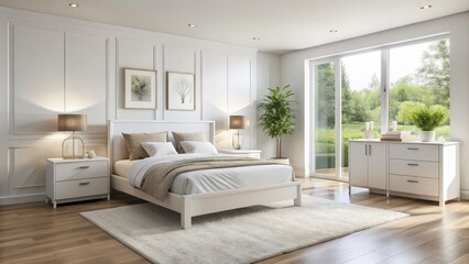 Obraz premium Soft, white bedroom furniture contrasts against the crisp, light-colored walls and floor, creating a serene and airy
