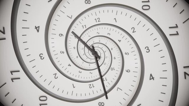 Chaotically rotating clock hands and dial. Abstract modern white spiral clock dial with arabic numerals. Concept of Infinite time, deadline, scheduling, time and space, past, present and future.