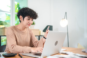 Modern Businesswoman Working from Home, Young Female Entrepreneur Using Laptop for Freelance Projects in Cyberspace, Embracing Technology Communication for a Flexible Lifestyle, Online Business