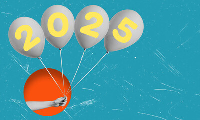 Modern hand art collage with balloons, New Year balloons with numbers 2025 on blue background copy space.