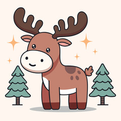 Adorable Playful Moose Illustration in Flat Vector Design Cute Animal Graphic for Nature Lovers