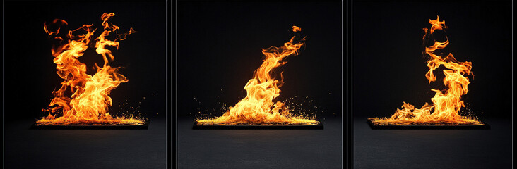 Fototapeta premium Four panels of different flame styles isolated on a black background, captured in high-resolution, demonstrating diverse fire patterns with dramatic visual impact.