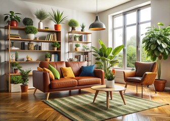 Sophisticated abode boasts a plush brown sofa paired with a vibrant armchair, a statement rug, lush greenery, and