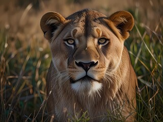 Lion couched in tall grass 